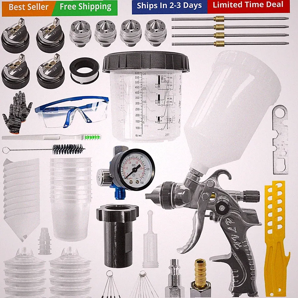 HVLP Paint Kit with 1.4/1.7/2.0/2.5mm 4 Nozzles & Air Compressor Regulator, 1...