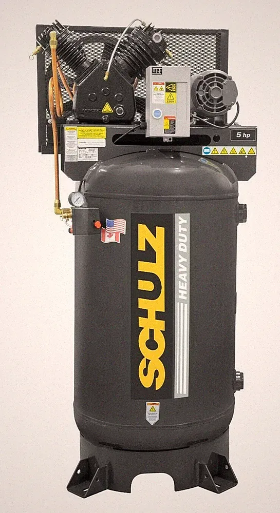 SCHULZ AIR COMPRESSOR - 5HP- SINGLE PHASE - 80 GALL VERTICAL - 20CFM - 175 PSI
